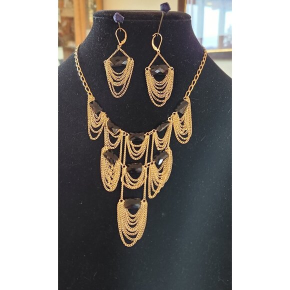 Cascading Gold And Onyx Vintage Necklace and Earrings FP China 1/20 14k - Picture 1 of 2